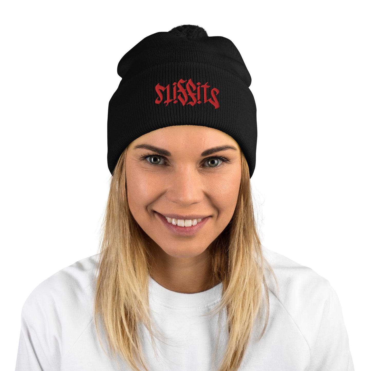 Misfits Ambigram (Red Embroidery) Pom-Pom Beanie