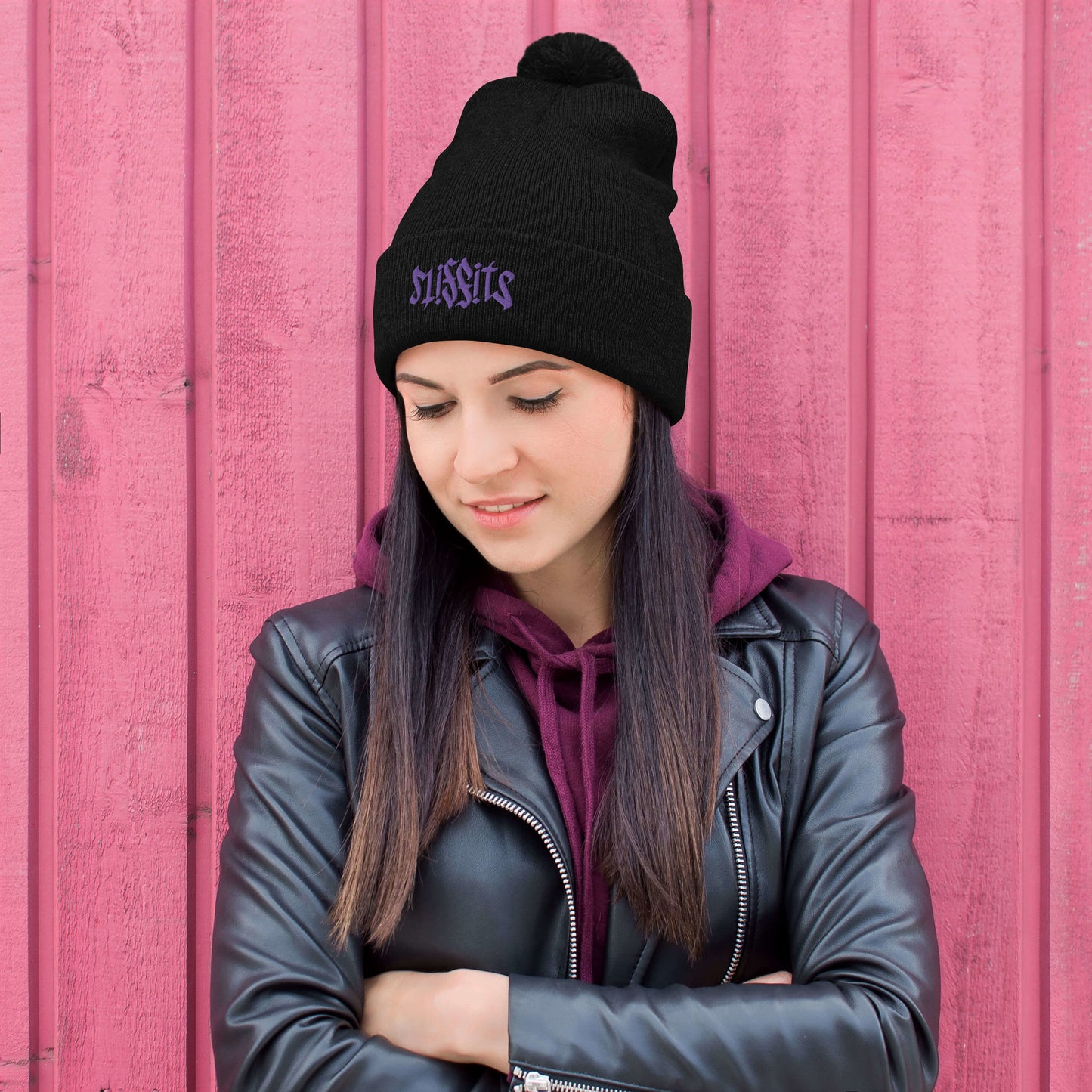 Misfits Ambigram (Purple Embroidery) Pom-Pom Beanie