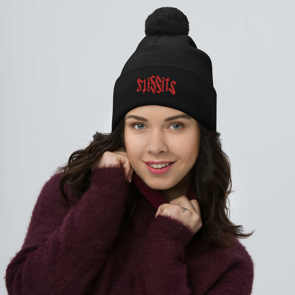 Misfits Ambigram (Red Embroidery) Pom-Pom Beanie