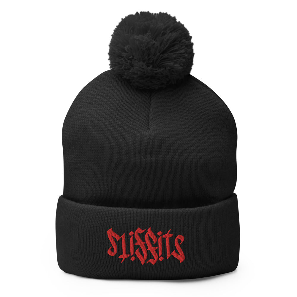 Misfits Ambigram (Red Embroidery) Pom-Pom Beanie