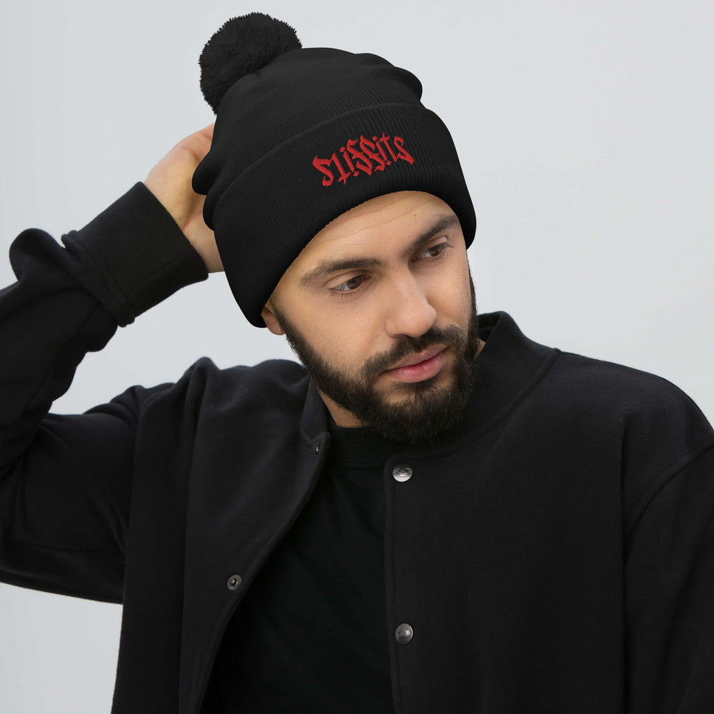 Misfits Ambigram (Red Embroidery) Pom-Pom Beanie