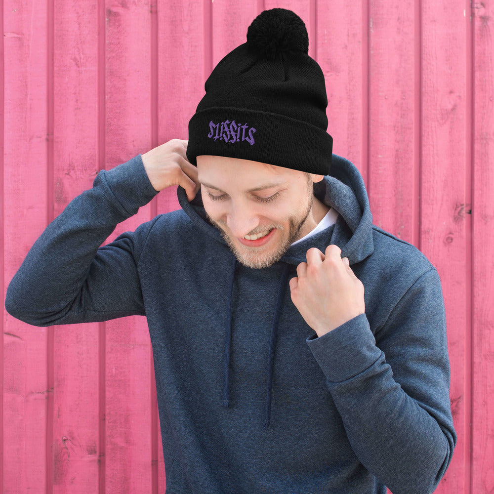 Misfits Ambigram (Purple Embroidery) Pom-Pom Beanie