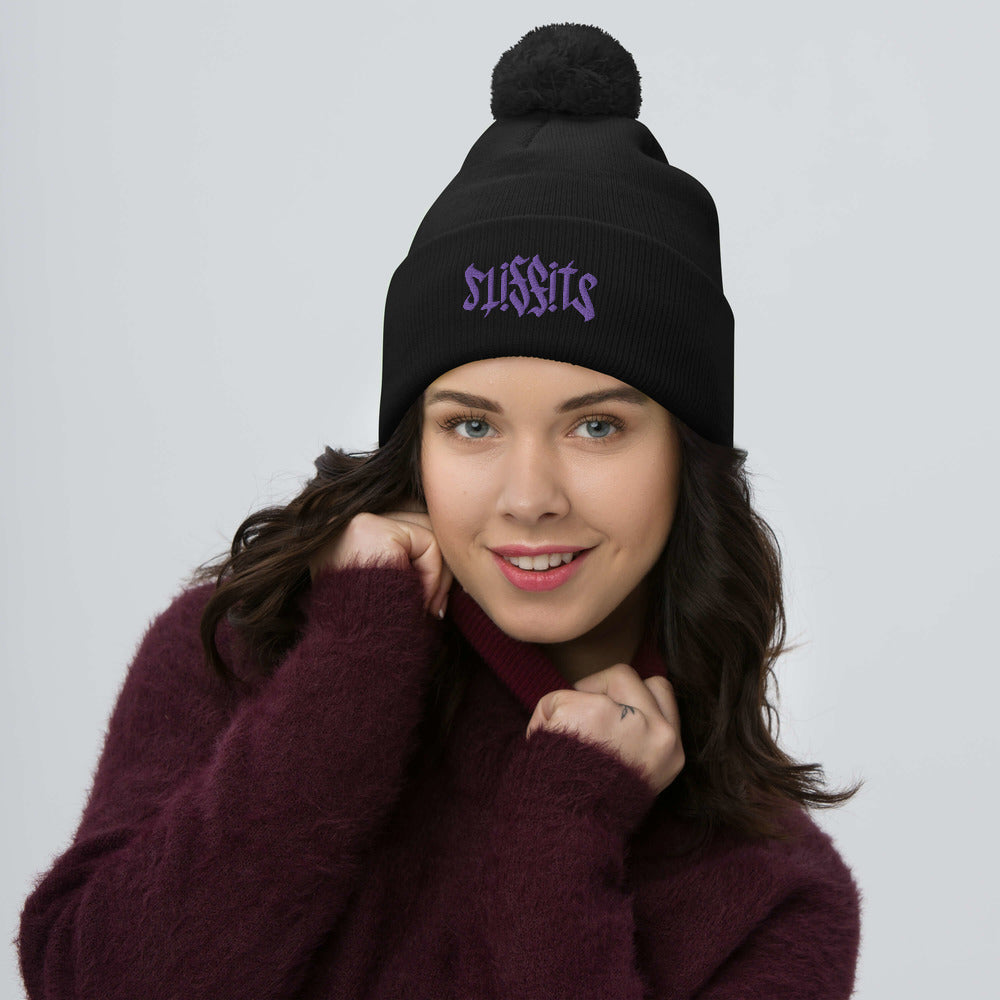 Misfits Ambigram (Purple Embroidery) Pom-Pom Beanie